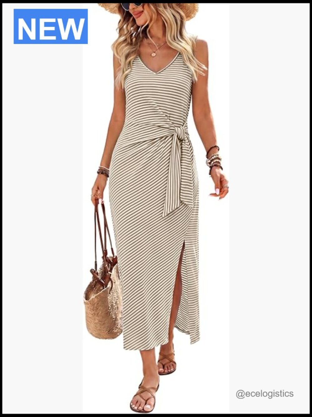 V Neck Sleeveless Wrap Midi Dress Tie Waist Side Slit